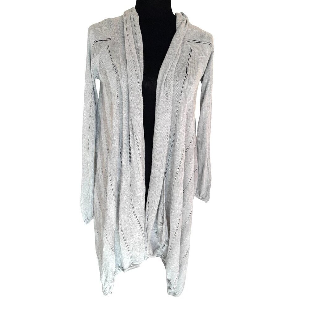 BCBG Maxazria Silk Blend Lightweigt Hi Lo Asymmetrical Open Cardigan Dove Gray S